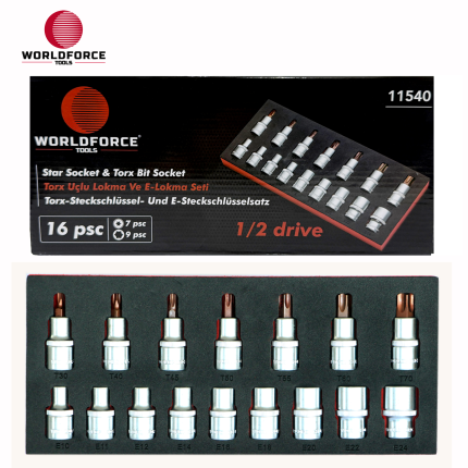 World Force - Torx Uçlu Lokma Ve E Lokma Seti 16 Parça 1/2'' (E10-E24, T30-T70)