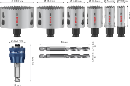 Bosch Aksesuar PRO Multi Material PC-Plus Delik Açma Testeresi Set 9 Parça (19-25-38-44-68-83 mm Çap / 44 mm Yükseklik)